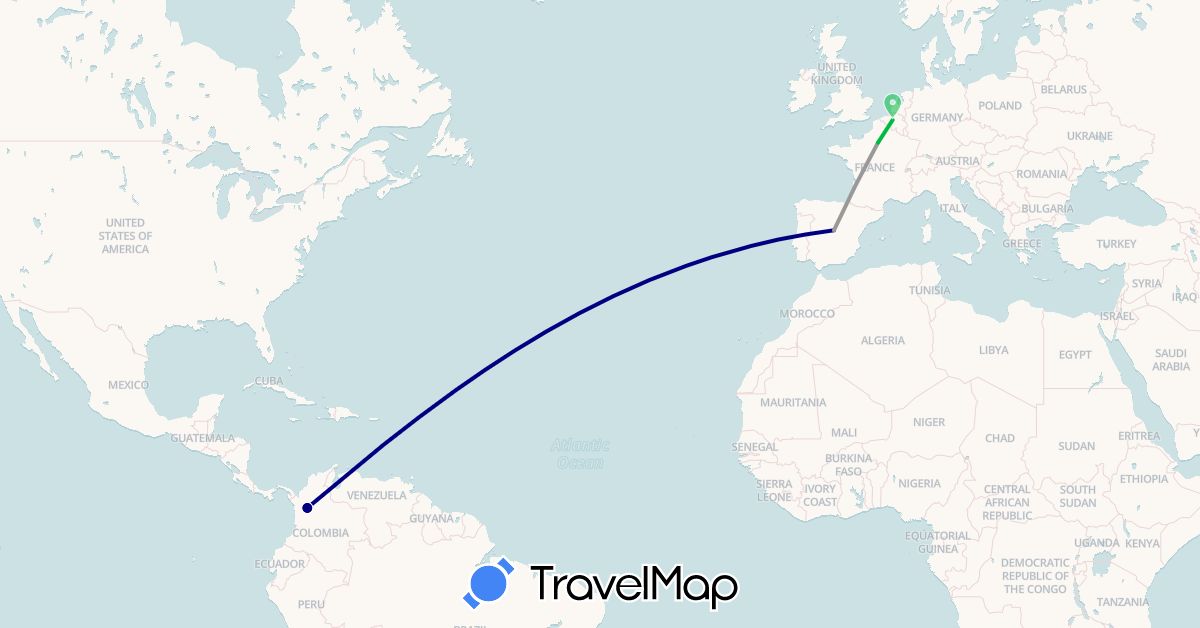 TravelMap itinerary: driving, bus, plane in Belgium, Colombia, Spain, France (Europe, South America)